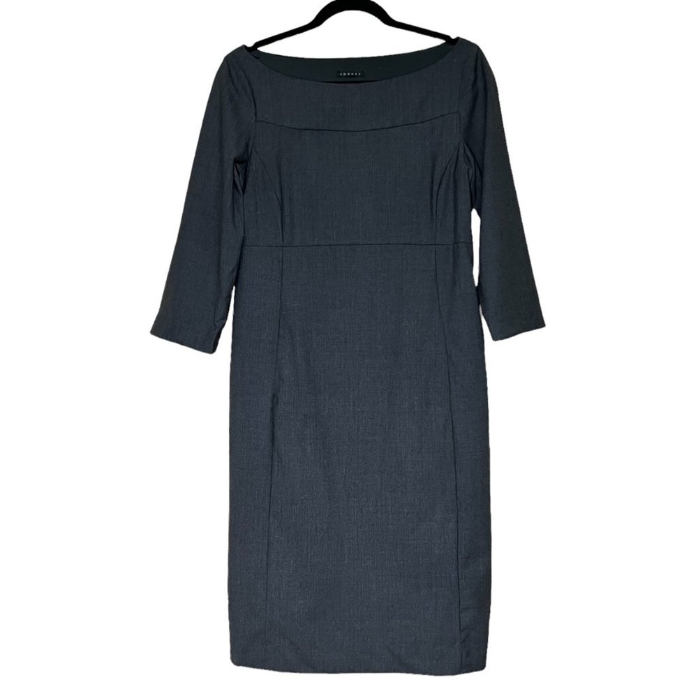 THEORY Wool Blend Sheath Midi Dress Grey Side Zip 3/4 Sleeve Classic Career